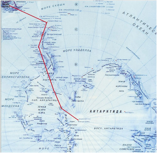 Карта маршрутка полета вертолетов Ми-8 к Южному полюсу